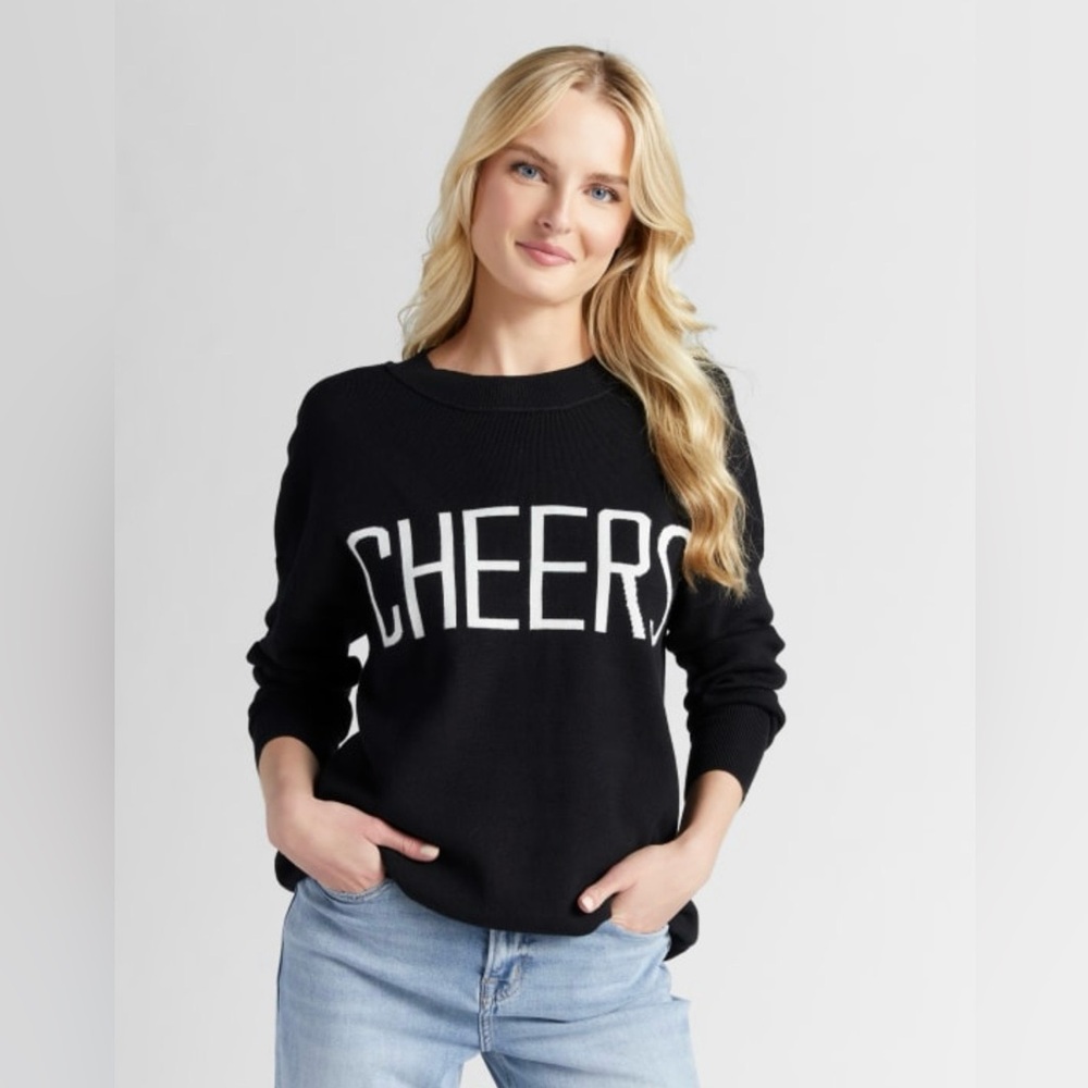 Hem & Thread Black Oversize Crewneck Sweater with White 'Cheers' Design